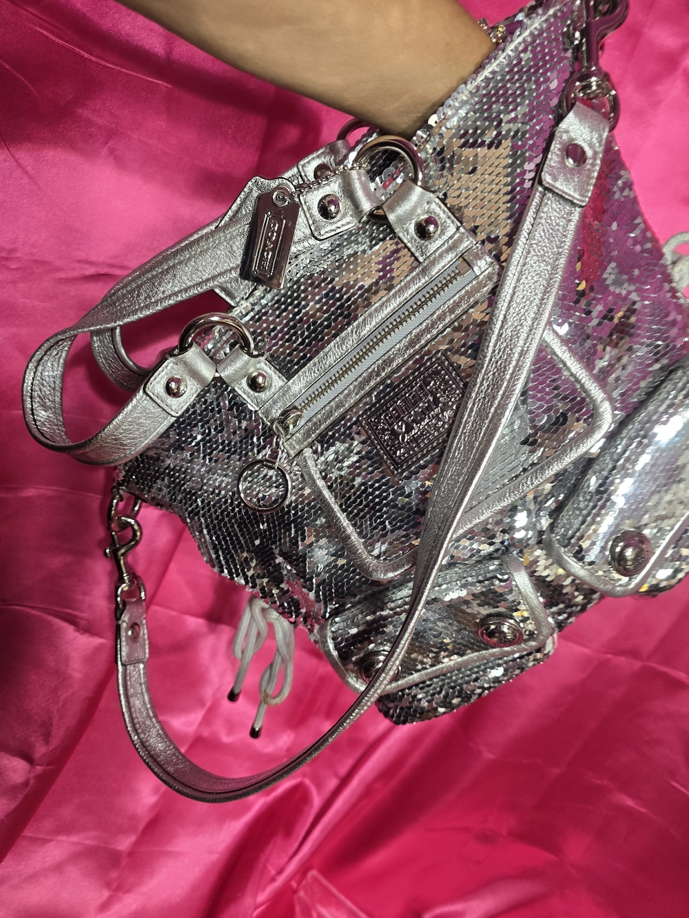 Coach Silver Sequin Shoulder Bag with Metallic Trim Spotlight Poppy Y2k - Picture 6 of 16